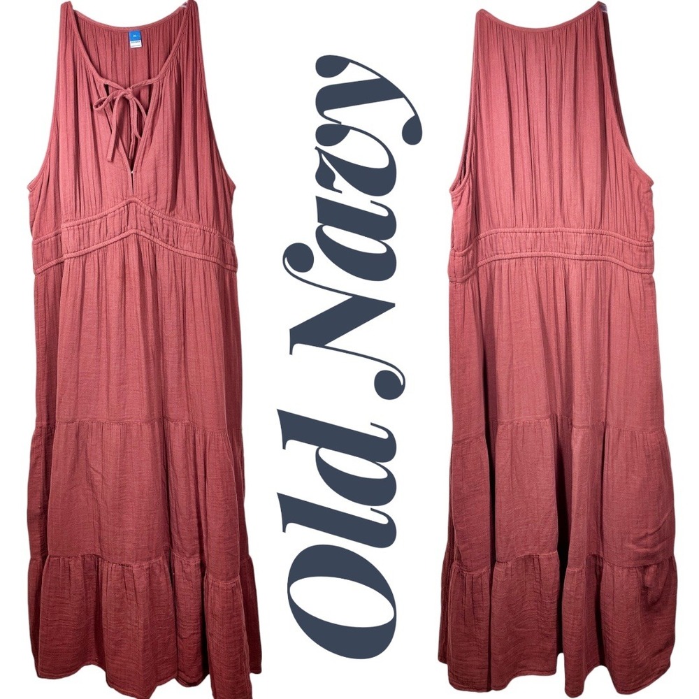 OLD NAVY Cotton Tiered Gauze Maxi Dress Halter Maroon Beach Flowy Boho Vacay XL